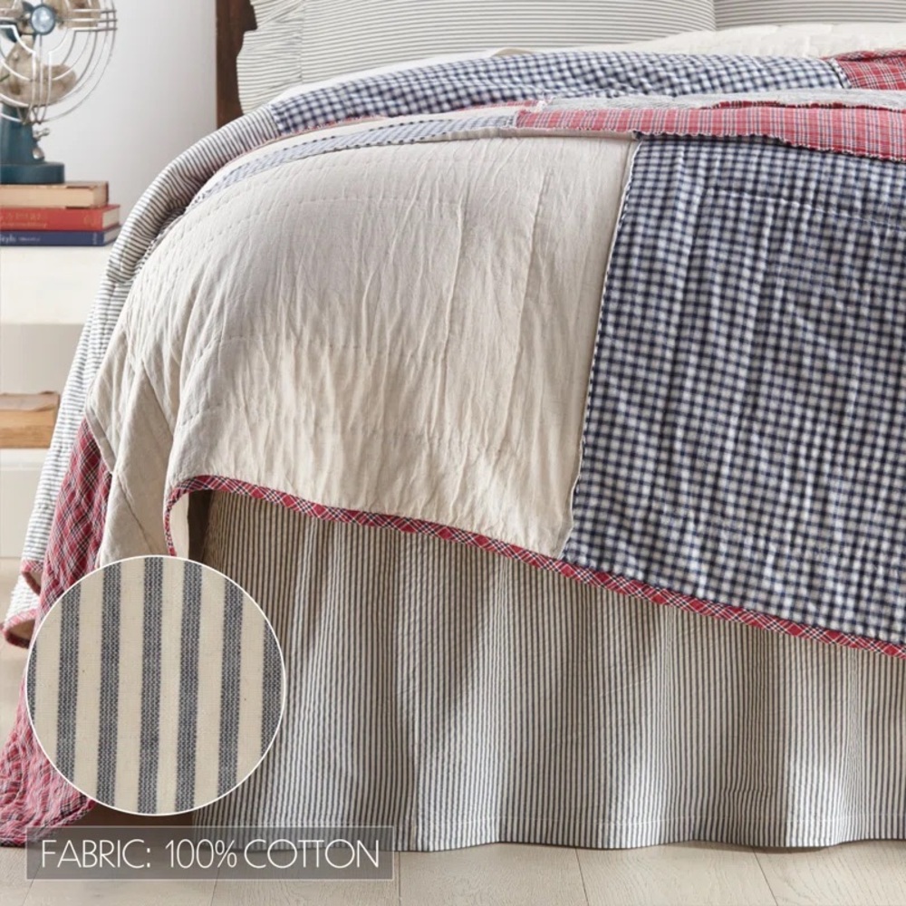 NWT Hatteras Seersucker Blue Tailored King Bed Skirt Ticking Stripe VHC Brands
